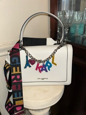 Karl Lagerfeld White Leather Satchel with Multicolor Letter Charm
